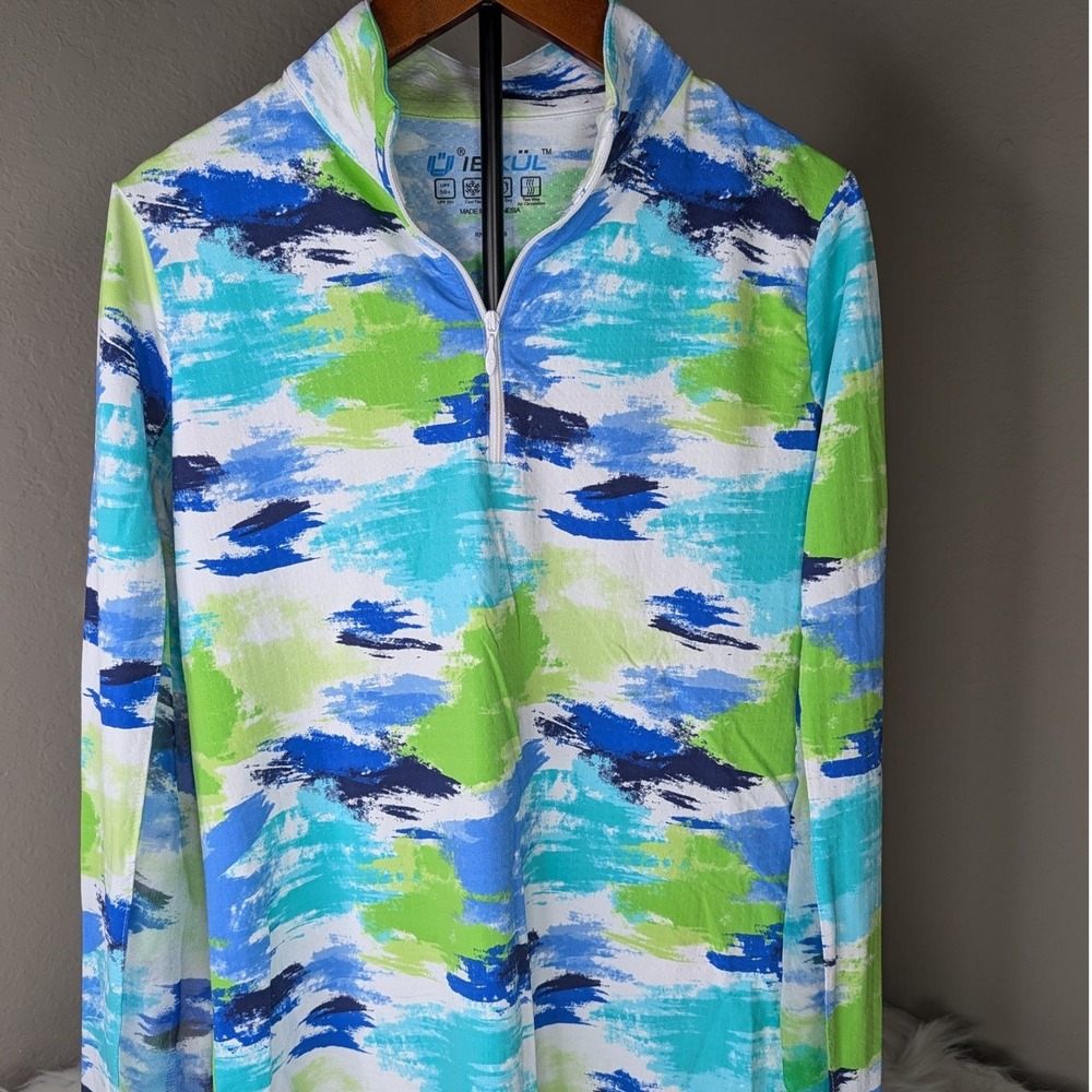 IBKUL Quarter Zip Sun Shirt Women Small Blue Green Abstract UPF 50+ Long Sleeve